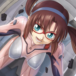 Rule 34 | 00s, 1girl, :d, absurdres, bad id, bad pixiv id, blue eyes, blush, bodysuit, breasts, breasts apart, brown hair, cockpit, covered erect nipples, cowboy shot, dutch angle, evangelion: 2.0 you can (not) advance, floating hair, from above, glasses, hamoto, happy, highres, impossible bodysuit, impossible clothes, large breasts, long hair, looking at viewer, looking up, low twintails, makinami mari illustrious, neon genesis evangelion, nose blush, open mouth, parted bangs, pilot suit, plugsuit, rebuild of evangelion, red-framed eyewear, sidelocks, sitting, skin tight, smile, solo, sparkle, twintails