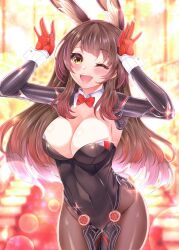 Rule 34 | 1girl, absurdres, animal ears, bare shoulders, black leotard, blush, bow, bowtie, breasts, brown hair, cleavage, detached collar, fishnet pantyhose, fishnets, hasa west, highres, hololive, large breasts, leotard, long hair, looking at viewer, mechanical arms, multicolored hair, open mouth, pantyhose, pink hair, playboy bunny, rabbit ears, roboco-san, smile, solo, strapless, strapless leotard, virtual youtuber, wrist cuffs, yellow eyes