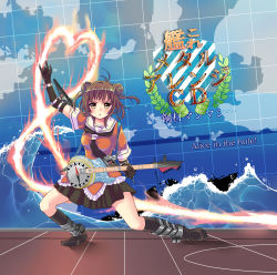 Rule 34 | 1girl, antenna hair, brown eyes, brown hair, copyright name, double bun, elbow gloves, fire, gloves, guitar, heart, highres, instrument, kantai collection, map, naka (kancolle), open mouth, parody, personification, school uniform, serafuku, ship, short hair, silhouette, solo, watercraft, yami (m31), yngwie malmsteen