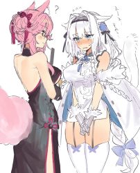 Rule 34 | 2girls, ?, animal ears, blue eyes, blush, china dress, chinese clothes, dobrynya nikitich (fate), dress, fate/grand order, fate (series), folded fan, folding fan, fox ears, fox tail, garter straps, hand fan, highres, koyanskaya (chinese lostbelt outfit) (fate), koyanskaya (fate), long hair, low-tied long hair, multiple girls, official alternate costume, own hands together, pink hair, tail, tamamo (fate), thighhighs, uxco0, white background, white hair