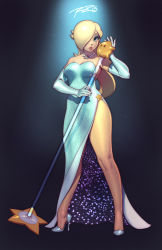Rule 34 | 1girl, bad id, bad tumblr id, bare shoulders, blonde hair, blue eyes, breasts, cameo, cleavage, dark background, dress, elbow gloves, eyeshadow, formal, glitter, gloves, gown, hair over one eye, high heels, jewelry, lips, long legs, luma (mario), makeup, mario (series), microphone, microphone stand, necklace, nintendo, no headwear, robaato, rosalina, side slit, solo, stiletto heels, strapless, strapless dress, super mario bros. 1, super mario galaxy