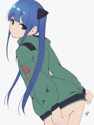 Rule 34 | 1girl, aqua eyes, ass, bottomless, female focus, from behind, green jacket, highres, jacket, jacket tug, leaning forward, looking at viewer, looking back, original, sidelocks, signature, simple background, smile, solo, takoyami yami, twintails, white background