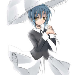 Rule 34 | 1girl, black shirt, blue hair, collar, expressionless, holding, little busters!, long sleeves, looking at viewer, necktie, nishizono mio, pleated skirt, shirt, short hair, simple background, skirt, sleeve cuffs, solo, tamura hiro, umbrella, white background, white necktie, white skirt, yellow eyes