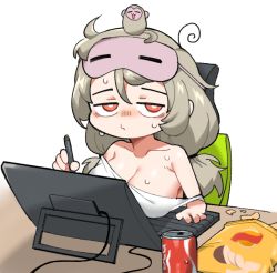 Rule 34 | 1girl, bare shoulders, blush, breast rest, breasts, breasts on table, can, chair, chips (food), cleavage, collarbone, commentary request, drink can, eye mask, food, grey hair, half-closed eyes, highres, indie virtual youtuber, key, large breasts, lay&#039;s (potato chips), long hair, looking at viewer, low-tied long hair, mask, mask on head, mixed-language commentary, monkey, nervous sweating, off shoulder, office chair, on chair, original, potato chips, saru (monkey magic3), saruko (vtuber), shirt, simple background, sitting, soda can, solo, stylus, sweat, swivel chair, twintails, upper body, virtual youtuber, white background, white shirt