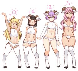 Rule 34 | 4girls, :d, :o, \o/, ^ ^, ahoge, animal ears, arms behind back, arms up, bare shoulders, black hair, blonde hair, blush stickers, breasts, brown eyes, closed eyes, commentary, ear tag, english commentary, closed eyes, full body, fur, green eyes, highres, hooves, horizontal pupils, horns, iwbitu, legs apart, long hair, looking at viewer, medium breasts, multiple girls, navel, open mouth, original, outstretched arms, parted lips, pink hair, purple hair, sheep ears, sheep girl, sheep horns, short hair, simple background, smile, stomach, teeth, upper teeth only, white background, white fur, yellow eyes