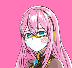 Rule 34 | 1girl, :3, amulet, black shirt, blue eyes, character print, commentary, coronavirus pandemic, english commentary, gold trim, headphones, highres, long hair, looking at another, mask, mayo riyo, megurine luka, mixed-language commentary, mouth mask, octopus, pink background, pink hair, portrait, red background, shirt, solo, takoluka, tentacles, vocaloid, white mask