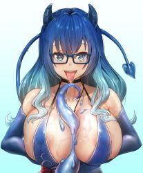 Rule 34 | 1girl, absurdres, areola slip, blue background, blue hair, braco, breasts, glasses, gradient background, hair between eyes, heart, heart-shaped pupils, highres, large breasts, original, simple background, slime (substance), solo, sweat, symbol-shaped pupils, tongue, tongue out, wavy hair