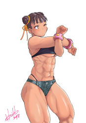 Rule 34 | 1girl, abs, alternate costume, armpits, bare arms, bare legs, bare shoulders, black panties, blush, bracelet, breasts, brown hair, buttons, capcom, chun-li, cowboy shot, dated, denim, denim shorts, hair bun, hair ribbon, hands up, highleg, highleg panties, highres, hori shin, jewelry, large breasts, looking to the side, midriff, muscular, muscular female, navel, one eye closed, panties, ribbon, short hair, short shorts, shorts, signature, simple background, skindentation, solo, standing, stomach, street fighter, stretching, tan, tank top, thick thighs, thighs, toned, twisted torso, underboob, underwear, white background, yellow eyes