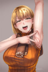 Rule 34 | 1girl, arm up, armpit focus, armpits, ashley graham, blonde hair, blush, breasts, brown eyes, capcom, female focus, kupaa, large breasts, long hair, looking at viewer, open mouth, presenting armpit, resident evil, resident evil 4, scarf, sgk, smell, smile, solo, spread armpit, steam, sweat, sweater, sweater vest, tongue, upper body