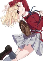 Rule 34 | 1girl, absurdres, backpack, bag, blonde hair, brown background, dress, grey dress, highres, leaning back, looking at viewer, looking back, lycoris recoil, lycoris uniform, mipuatto, nishikigi chisato, red dress, red eyes, short hair, solo, two-tone dress, v, white background
