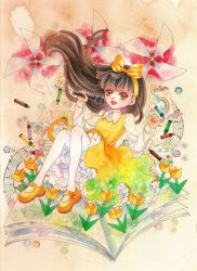 Rule 34 | 1girl, book, bow, brown eyes, brown hair, crayon, devotion, dress, du meishin, flower, full body, hair bow, hairband, highres, holding, holding microphone, long hair, long sleeves, looking at viewer, loumlin1108, marker (medium), microphone, musical note, open book, pantyhose, pinwheel, shirt, sitting, sleeveless, sleeveless dress, smile, solo, traditional media, white pantyhose, white shirt, yellow bow, yellow dress, yellow flower, yellow hairband, yellow pantyhose