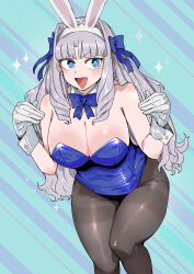 Rule 34 | 1girl, absurdres, animal ears, bare shoulders, blue eyes, blue leotard, breasts, cleavage, detached collar, fake animal ears, fang, fujido oriko, giant ojou-sama, gloves, grey hair, highres, large breasts, leaning forward, leotard, long hair, nikukaiq, open mouth, pantyhose, playboy bunny, rabbit ears, ringlets, simple background, skin fang, solo, standing, white gloves