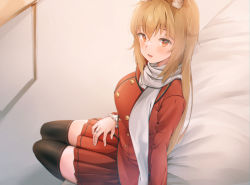 Rule 34 | 1girl, animal ear fluff, animal ears, black thighhighs, blonde hair, blush, commentary, commission, cosplay, crossed bangs, futon, grayfox, indoors, jewelry, long hair, long sleeves, looking at viewer, original, red eyes, red skirt, ring, scarf, sidelocks, skirt, smile, solo, thighhighs, white scarf
