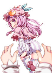 Rule 34 | 2girls, ass, blush, boots, dress, dress tug, from behind, hat, long hair, looking back, mayuge inu, multiple girls, open mouth, patchouli knowledge, pov, purple eyes, purple hair, running, short dress, simple background, thighhighs, touhou, zettai ryouiki