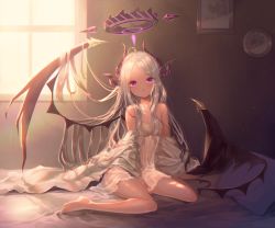 Rule 34 | 1girl, bare shoulders, barefoot, black wings, blue archive, closed mouth, commentary request, curled horns, day, dress, halo, highres, hina (blue archive), horns, indoors, long hair, looking at viewer, multiple horns, nishiki koi, on bed, parted bangs, pillow, purple eyes, silver hair, sitting, sleeveless, sleeveless dress, smile, solo, strap slip, sunlight, very long hair, wariza, white dress, window, wings