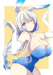 Rule 34 | 1girl, animal ears, azur lane, bare legs, bare shoulders, blue eyes, blue leotard, breasts, bunny day, rabbit ears, rabbit tail, cleavage, elbow gloves, fake animal ears, gloves, highres, illustrious (azur lane), large breasts, leotard, long hair, looking at viewer, one eye closed, playboy bunny, shimofuji jun, silver hair, smile, solo, tail, white gloves