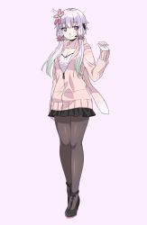 Rule 34 | 1girl, black footwear, black pantyhose, black skirt, breasts, cleavage, closed mouth, collarbone, flower, full body, gradient hair, green hair, grey background, hair flower, hair ornament, hand up, headset, highres, hood, hoodie, light purple hair, long hair, looking at viewer, low twintails, medium breasts, miniskirt, multicolored hair, pantyhose, purple hair, ryuusei (ryuuseiseikou), shoes, short hair with long locks, simple background, skirt, smile, solo, streaked hair, twintails, vocaloid, voiceroid, yagi (ningen), yuzuki yukari, yuzuki yukari (onn), yuzuki yukari (vocaloid4)
