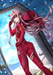 Rule 34 | 10s, 1girl, adsouto, artist name, ass, blue sky, bodysuit, breasts, candy, cloud, darling in the franxx, day, food, glowing, glowing eyes, green eyes, hand on own hip, highres, horns, long hair, ocean, pink hair, red bodysuit, sideboob, sky, solo, standing, zero two (darling in the franxx)