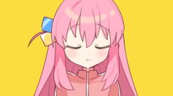 Rule 34 | 1girl, blush, bocchi the rock!, closed eyes, closed mouth, cube hair ornament, gotoh hitori, hair between eyes, hair ornament, hair over eyes, jacket, kanyoko (yuzukano 17), long hair, one side up, pink hair, pink jacket, simple background, smile, solo, track jacket, yellow background