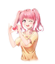 Rule 34 | 1girl, absurdres, bang dream!, blush, commentary request, heart, highres, looking at viewer, maruyama aya, medium hair, one eye closed, open mouth, orange shirt, pink eyes, pink hair, qoray7, shirt, short sleeves, simple background, smile, twintails, upper body, white background
