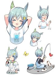 Rule 34 | animal ears, black shirt, blue hair, blue overalls, boots, bracelet, cat, closed eyes, closed mouth, commentary request, earrings, eighth note, fishing, fishing rod, hair ornament, hairclip, highres, holding, holding fishing rod, horse ears, horse girl, horse tail, jewelry, light blue hair, long sleeves, multiple views, musical note, official alternate costume, on ground, one eye closed, open mouth, overalls, print shirt, seiun sky (umamusume), shirt, short hair, short sleeves, simple background, single earring, sitting, strap slip, tail, takuan (taku1219oekaki), umamusume, upper body, white background, white shirt