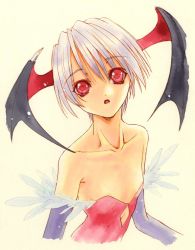 Rule 34 | 1990s (style), 1girl, bare shoulders, capcom, collarbone, demon girl, flat chest, head wings, leotard, lilith aensland, nanase aoi, open mouth, red eyes, retro artstyle, short hair, skinny, solo, vampire (game), wings