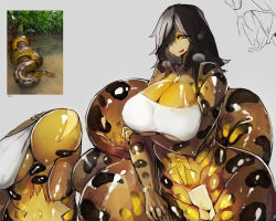 Rule 34 | 1girl, anaconda, black hair, breasts, cleavage, comparison, curvy, fang, hair over one eye, highres, huge breasts, lamia, large breasts, monster girl, multiple views, my700, navel, nervous smile, original, photo (medium), photo inset, smile, snake