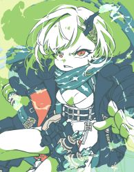 Rule 34 | 1girl, breasts, cleavage, clenched teeth, crazy, dress, green background, green hair, green theme, hair ornament, holding, holding weapon, ishikoro1645, jacket, little match girl (sinoalice), looking at viewer, multicolored hair, open mouth, parted lips, red eyes, scarf, short hair, simple background, sinoalice, solo, teeth, two-tone hair, weapon, white hair