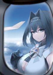 Rule 34 | 1girl, airplane interior, airplane wing, black gloves, blue eyes, blue hair, breasts, chain, chain headband, cleavage, cleavage cutout, clothing cutout, cloud, giant, giantess, gloves, hair intakes, head chain, highres, hololive, hololive english, jewelry, large breasts, looking at viewer, nine (kanine41), ouro kronii, shirt, short hair, sky, sleeveless, sleeveless shirt, solo, sweatdrop, virtual youtuber