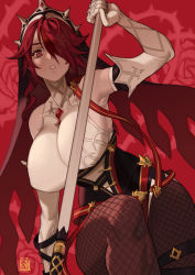 Rule 34 | 1girl, armpits, bare shoulders, breasts, elbow gloves, fishnet legwear, fishnets, flower, genshin impact, gloves, hair over one eye, highres, holding, holding polearm, holding weapon, large breasts, looking at viewer, nun, parted lips, poch4n, polearm, red background, red eyes, red flower, red hair, red rose, rosaria (genshin impact), rose, simple background, thorns, veil, weapon, white gloves