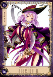 Rule 34 | 1girl, breasts, cape, cle masahiro, curly hair, dagger, despina (queen&#039;s blade), female focus, hat, highres, knife, large breasts, long hair, long sleeves, looking at viewer, non-web source, open mouth, pointy ears, purple eyes, purple hair, queen&#039;s blade, queen&#039;s blade grimoire, revealing clothes, simple background, smile, solo, weapon, white background