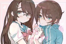 Rule 34 | 2girls, absurdres, alternate costume, aqua eyes, bandaid, bandaid on face, bandaid on nose, blue sailor collar, dual persona, glasses, hair between eyes, hair ornament, hairclip, highres, holding hands, hololive, jacket, long hair, looking at viewer, multiple girls, nereb 72, oozora subaru, open clothes, open jacket, sailor collar, school uniform, serafuku, short hair, track jacket, upper body, virtual youtuber