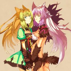 Rule 34 | 2girls, animal ears, ass, atalanta alter (fate), atalanta (fate), breasts, brown background, cat ears, cowboy shot, fate/grand order, fate (series), gloves, green eyes, green hair, holding hands, long hair, looking at viewer, medium breasts, multiple girls, purple hair, shadow, sideboob, small breasts, x10-a, yellow eyes