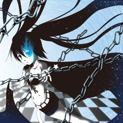 Rule 34 | 10s, 1girl, black hair, black rock shooter, black rock shooter (character), blue eyes, chain, hatsune miku, long hair, midriff, monochrome, shorts, solo, twintails, usa ooyake, usakou, vocaloid