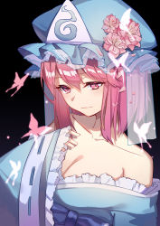 Rule 34 | 1girl, black background, blue bow, blue hat, blue kimono, bow, breasts, bug, butterfly, cleavage, collarbone, flower, frilled hat, frilled kimono, frilled sleeves, frills, ginryuu, hair between eyes, hat, hat flower, insect, japanese clothes, kimono, looking at viewer, mob cap, off shoulder, pink eyes, pink flower, pink hair, ribbon-trimmed sleeves, ribbon trim, saigyouji yuyuko, smile, solo, touhou, triangular headpiece, upper body, veil, wide sleeves