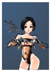 Rule 34 | 1girl, bare shoulders, black eyes, black hair, breastless clothes, breasts, covering privates, covering breasts, d-dog, highres, kdog, mechanical wings, original, short hair, single wing, solo, thighhighs, wings
