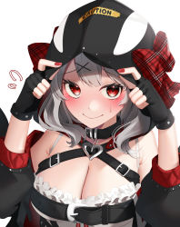 Rule 34 | 1girl, absurdres, animal hood, bare shoulders, black collar, black hair, blush, bow, breasts, camisole, caution, cleavage, closed mouth, collar, fingerless gloves, frilled camisole, frills, from above, gloves, hair ornament, heart collar, highres, hololive, holox, hood, hood up, large breasts, long hair, looking at viewer, multicolored hair, nail polish, nervous, nervous smile, off-shoulder jacket, off shoulder, orca hood, plaid, plaid bow, red eyes, red nails, sakamata chloe, sakamata chloe (1st costume), seele0907, silver hair, smile, solo, streaked hair, upper body, upturned eyes, virtual youtuber, x hair ornament