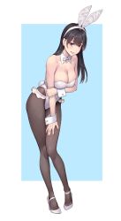 Rule 34 | 1girl, animal ears, bare arms, bare shoulders, black eyes, blush, bow, breasts, brown hair, cleavage, detached collar, fake animal ears, frills, grin, high heels, highres, large breasts, leaning forward, leotard, long hair, looking at viewer, original, pantyhose, playboy bunny, rabbit ears, rabbit tail, simple background, smile, solo, strapless, tail, two-tone background, white background, wrist cuffs, yuuji (and)