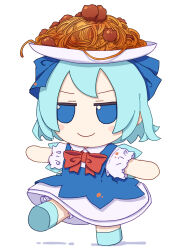 Rule 34 | 1girl, absurdres, blue bow, blue dress, blue eyes, blue footwear, blue hair, blush stickers, bow, cirno, closed mouth, collared shirt, dress, fairy, food, food on clothes, full body, fumo (doll), hair bow, highres, ice, ice wings, kame (kamepan44231), meatball, outstretched arms, pasta, plate, shirt, shoes, short hair, short sleeves, simple background, smile, solo, spread arms, touhou, white background, white shirt, wings