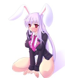 Rule 34 | 1girl, animal ears, bad id, bad pixiv id, bottomless, breasts, female focus, full body, highres, large breasts, long hair, maryquant, mosa (artist), necktie, no panties, purple hair, purple necktie, rabbit ears, red eyes, reisen udongein inaba, solo, touhou, white background