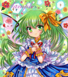 Rule 34 | 1girl, blue dress, closed mouth, daiyousei, dress, embellished costume, fairy, fairy wings, floral print, flower, green background, green eyes, green hair, hair ribbon, long hair, looking at viewer, marker (medium), neck ribbon, one side up, own hands together, pink flower, red flower, red ribbon, ribbon, rui (sugar3), sample watermark, smile, solo, touhou, traditional media, upper body, watermark, wings, wrist cuffs, yellow flower, yellow ribbon