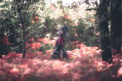 Rule 34 | 1girl, absurdres, asagi himari44, black skirt, blurry, blurry background, blurry foreground, bokeh, breasts, closed mouth, cosplay, cosplay photo, cowboy shot, depth of field, field, flat cap, flower, flower field, hair between eyes, hat, highres, lace, lace-trimmed skirt, lace trim, leaning back, long sleeves, medium hair, miyako yoshika, outdoors, photo (medium), pink flower, red shirt, shirt, skirt, small breasts, solo, standing, touhou, tree