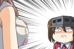 Rule 34 | 10s, 2girls, breast envy, breast pocket, breasts, brown hair, commentary request, dress, emphasis lines, frown, kantai collection, large breasts, long hair, looking at another, multiple girls, nishi koutarou, out of frame, outside border, pocket, ryuujou (kancolle), saratoga (kancolle), short sleeves, twintails, visor cap, white background, white dress