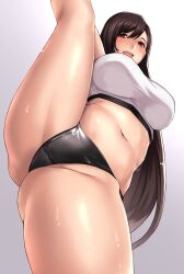 Rule 34 | 1girl, absurdres, belly, black hair, black panties, blush, breasts, crop top, final fantasy, final fantasy vii, final fantasy vii remake, flexible, gluteal fold, highres, large breasts, leg lift, leg up, long hair, looking at viewer, navel, open mouth, panties, red eyes, revision, shirt, smile, solo, split, standing, standing on one leg, standing split, stomach, tank top, taut clothes, taut shirt, thighs, tifa lockhart, underwear, white tank top, yashichii