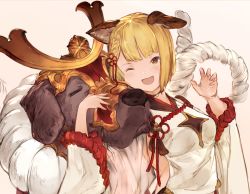 Rule 34 | 1girl, ;d, animal, animal ears, blonde hair, blunt bangs, blush, braid, breasts, brown eyes, clothing cutout, detached sleeves, dog, dog ears, frilled sleeves, frills, granblue fantasy, hair ribbon, head tilt, highres, long sleeves, medium breasts, midriff, one eye closed, open mouth, pink background, red ribbon, ribbon, short hair, side braid, side cutout, simple background, smile, solo, upper body, vajra (granblue fantasy), wide sleeves, yashigaras