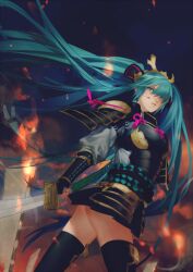 1girl armor ass black_armor black_thighhighs blood blood_on_face blue_eyes blue_hair closed_mouth fire hatsune_miku holding holding_sword holding_weapon japanese_armor long_hair pink_ribbon ribbon solo sword thighhighs twintails very_long_hair vocaloid weapon zoo_(oukakumaku)