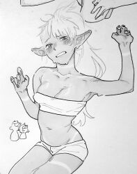 Rule 34 | 1boy, 2girls, arms up, blush, booba (meme), breasts, bulging eyes, chibi, commentary, crop top, cropped legs, dungeon meshi, ear blush, elf, english commentary, eye pop, falin touden, furrowed brow, greyscale, laios touden, long hair, marcille donato, medium hair, meme, monochrome, multiple girls, navel, pointy ears, ponytail, samipeko, short hair, short shorts, shorts, small breasts, sweat, tan, tanline, white background