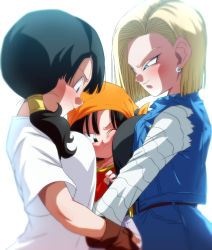Rule 34 | 3girls, age difference, android 18, bandana, black eyes, black hair, blonde hair, blue eyes, breast press, breasts, child, dragon ball, dragon ball gt, dragonball z, earrings, incest, jewelry, long hair, medium breasts, mother and daughter, multiple girls, one eye closed, onee-loli, orange bandana, pan (dragon ball), rom (20), short hair, simple background, smile, time paradox, twintails, videl, view between breasts, white background, yuri