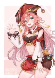 Rule 34 | 1girl, :d, absurdres, breasts, cleavage, commentary request, detached sleeves, dragon horns, genshin impact, green eyes, hair between eyes, hat, highres, horns, leaning forward, long hair, looking at viewer, mengxin huazha, midriff, navel, open mouth, pink hair, sidelocks, simple background, smile, solo, waving, yanfei (genshin impact)