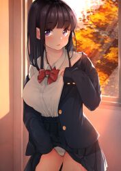 Rule 34 | 1girl, :o, autumn, backlighting, black hair, black jacket, black skirt, blazer, blunt bangs, blush, bow, bowtie, clothes lift, collared shirt, commentary request, cowboy shot, day, hand on own chest, high-waist skirt, highres, indoors, jacket, lifting own clothes, long hair, long sleeves, medium skirt, off shoulder, open clothes, open jacket, original, panties, parted lips, pleated skirt, purple eyes, red bow, red bowtie, sakura no tomoru hi e, school uniform, shirt, skirt, skirt lift, sleeves past wrists, solo, standing, sunlight, tree, underwear, upskirt, white panties, white shirt, window